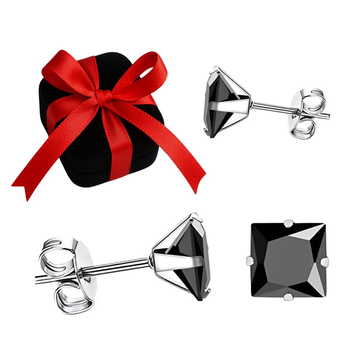 GENERICO - Aretes Mujer Joya Plata 950 Zircón Cuadrado Negro - 4mm