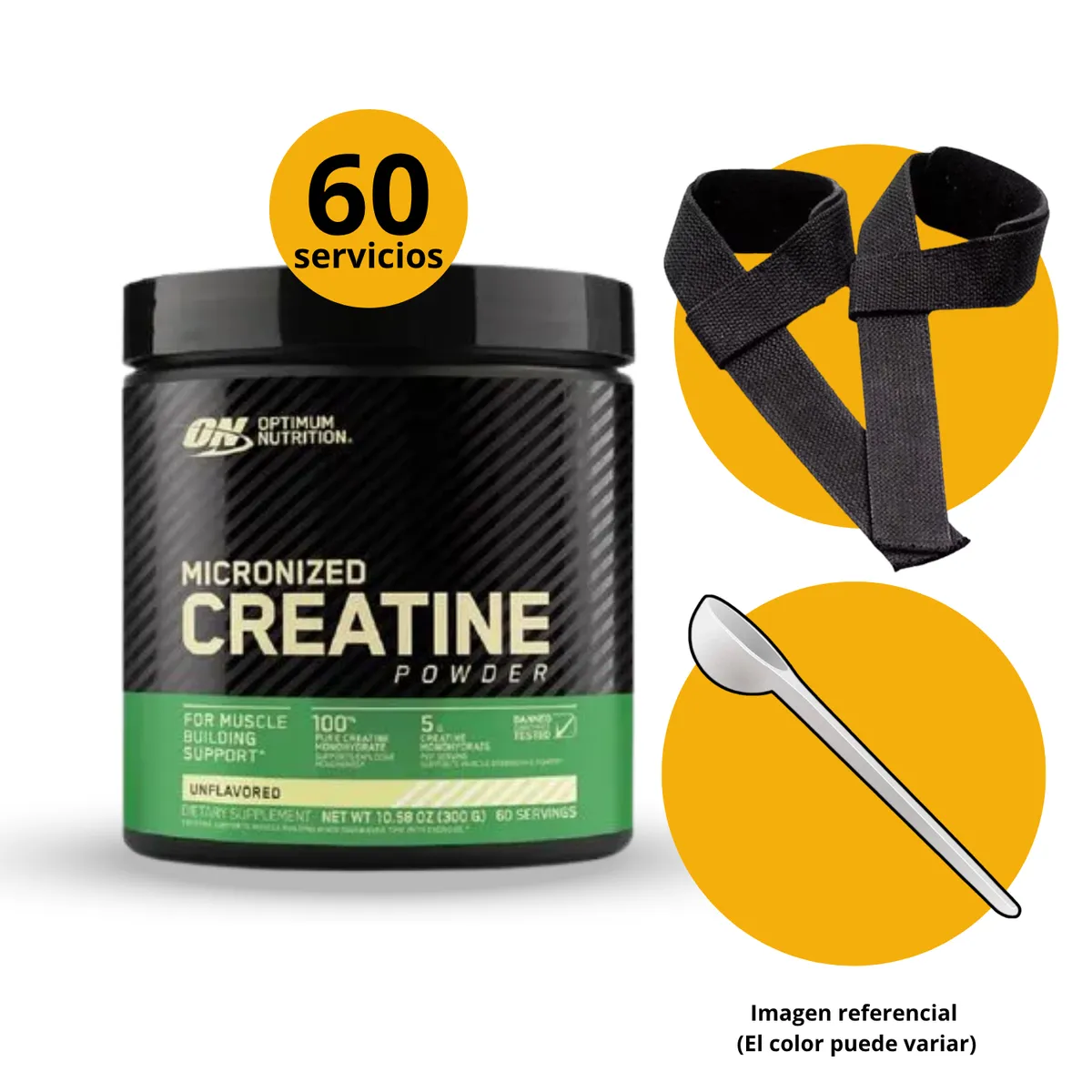 OPTIMUN NUTRITION - CREATINA ON DE 300gr CON CUCHARA MEDIDORA Y STRAPS - CREATINA MONOHIDRATADA Y MICRONIZADA