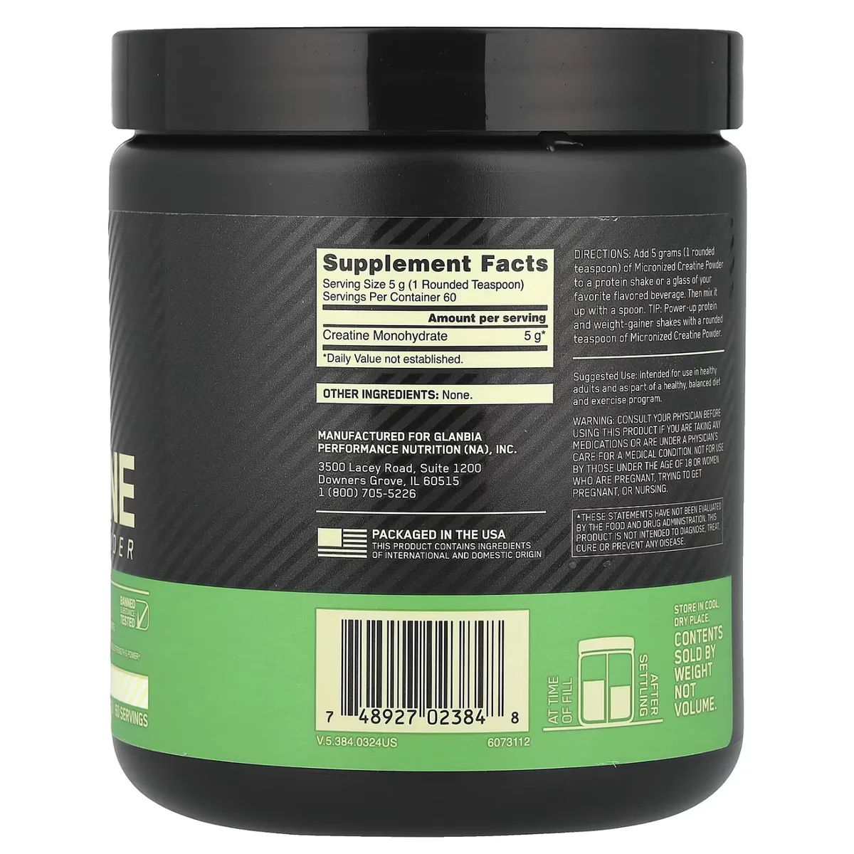 OPTIMUN NUTRITION - CREATINA ON DE 300gr CON CUCHARA MEDIDORA Y STRAPS - CREATINA MONOHIDRATADA Y MICRONIZADA