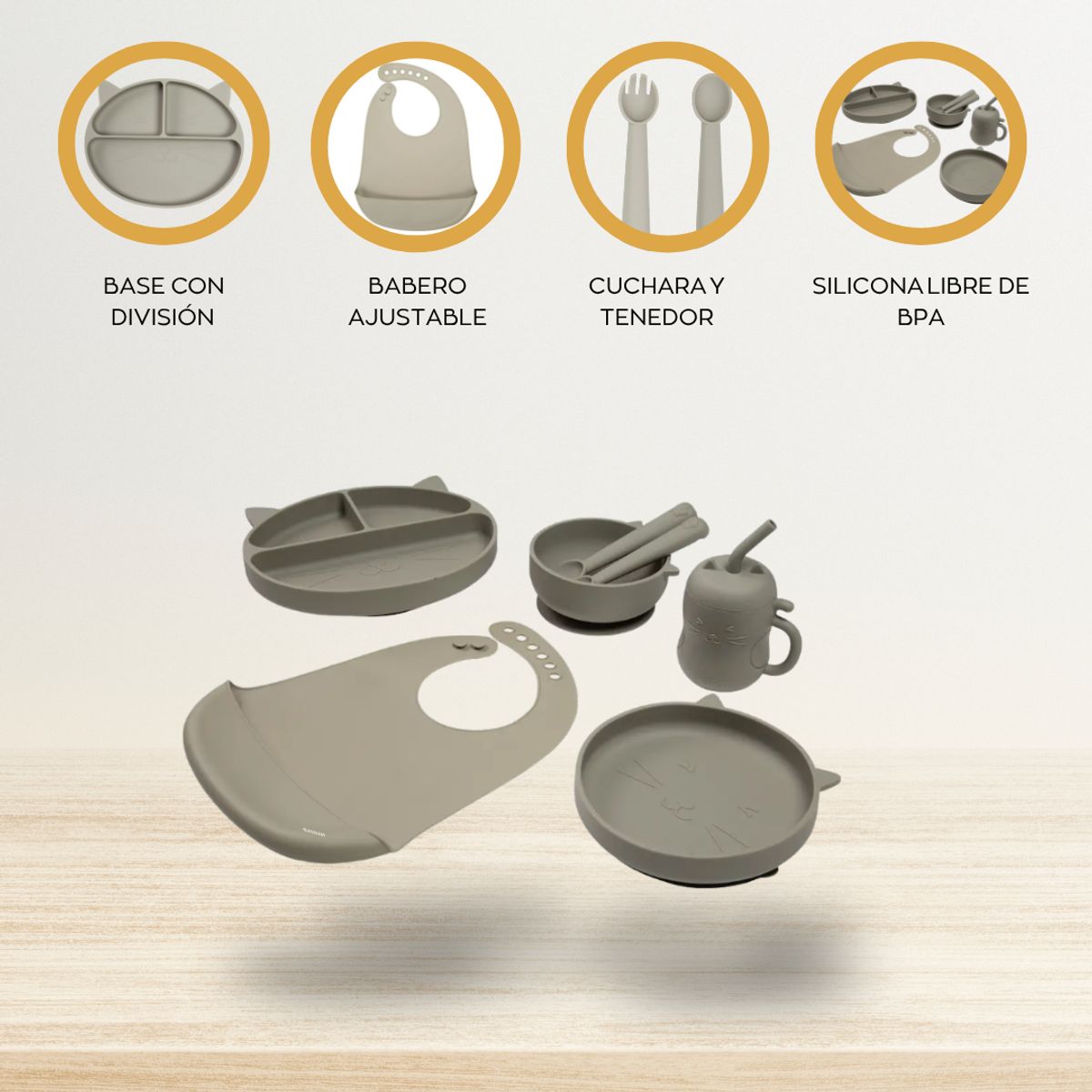 CARESTINO - Set de Alimentación de Silicona «GATITO» Greige