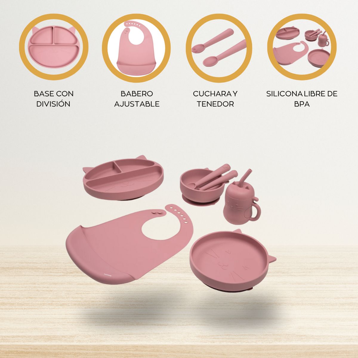 CARESTINO - Set de Alimentación de Silicona «GATITO» Rosa Malva