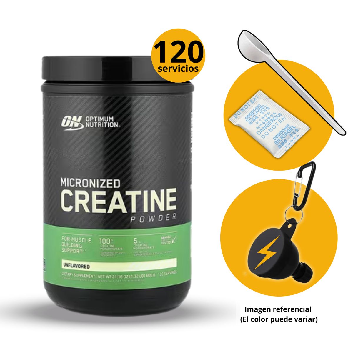 OPTIMUN NUTRITION - CREATINA OPTIMUM NUTRITION DE 600gr CON CUCHARA MEDIDORA Y PORTASUPLEMENTOS - CREATINA MONOHIDRATADA Y MICRONIZADA