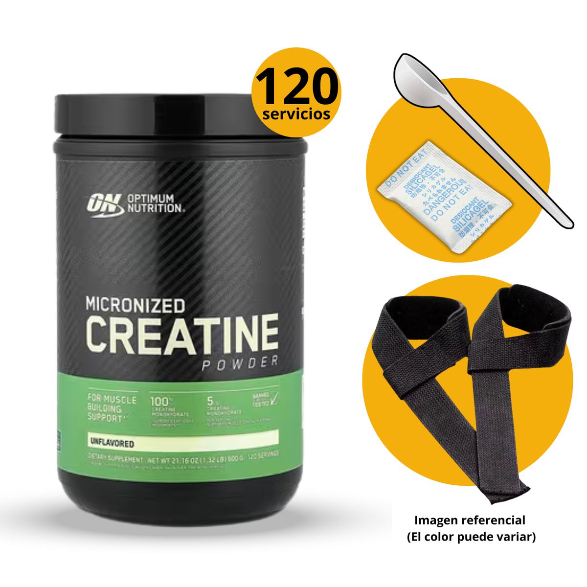 OPTIMUM NUTRITION - CREATINA OPTIMUM NUTRITION DE 600gr CON CUCHARA MEDIDORA Y STRAPS - CREATINA MONOHIDRATADA Y MICRONIZADA