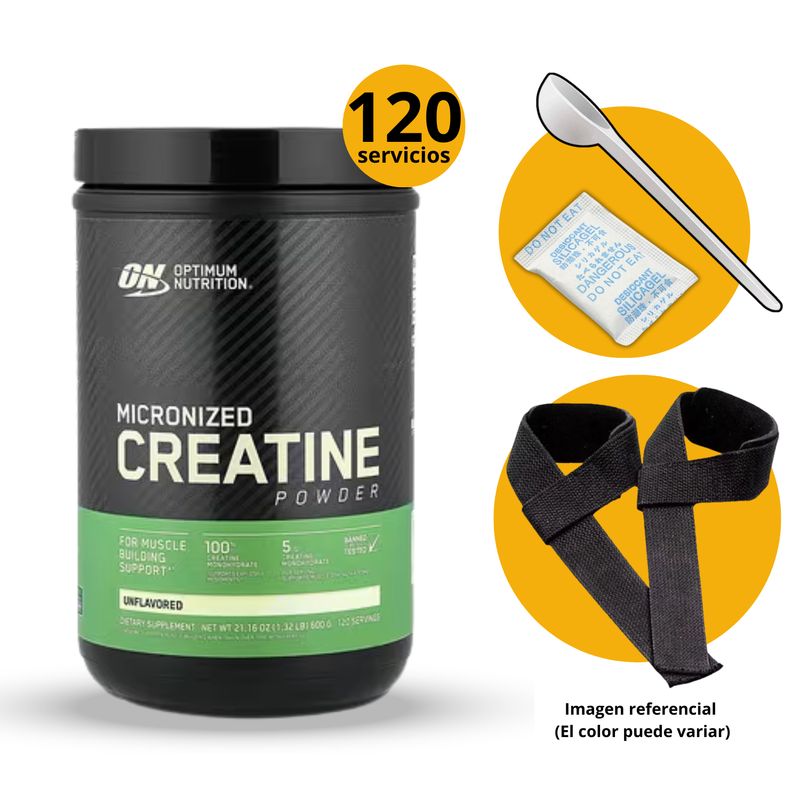 OPTIMUN NUTRITION - CREATINA OPTIMUM NUTRITION DE 600gr CON CUCHARA MEDIDORA Y STRAPS - CREATINA MONOHIDRATADA Y MICRONIZADA