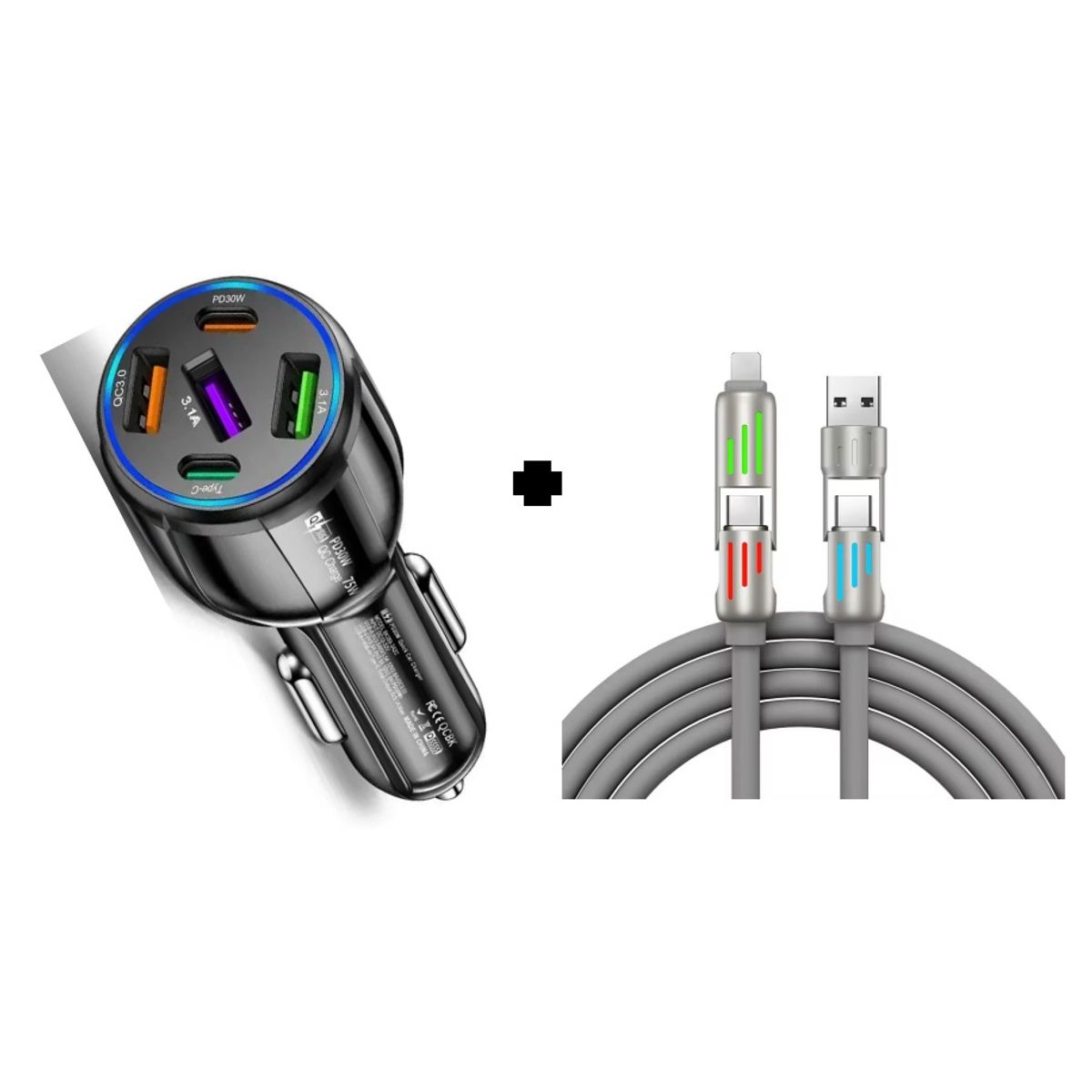 SMART - PACK CARGADOR DE AUTO 75W NEGRO 5 PUERTOS Y CABLE 4 EN 1  240W PREMIUM