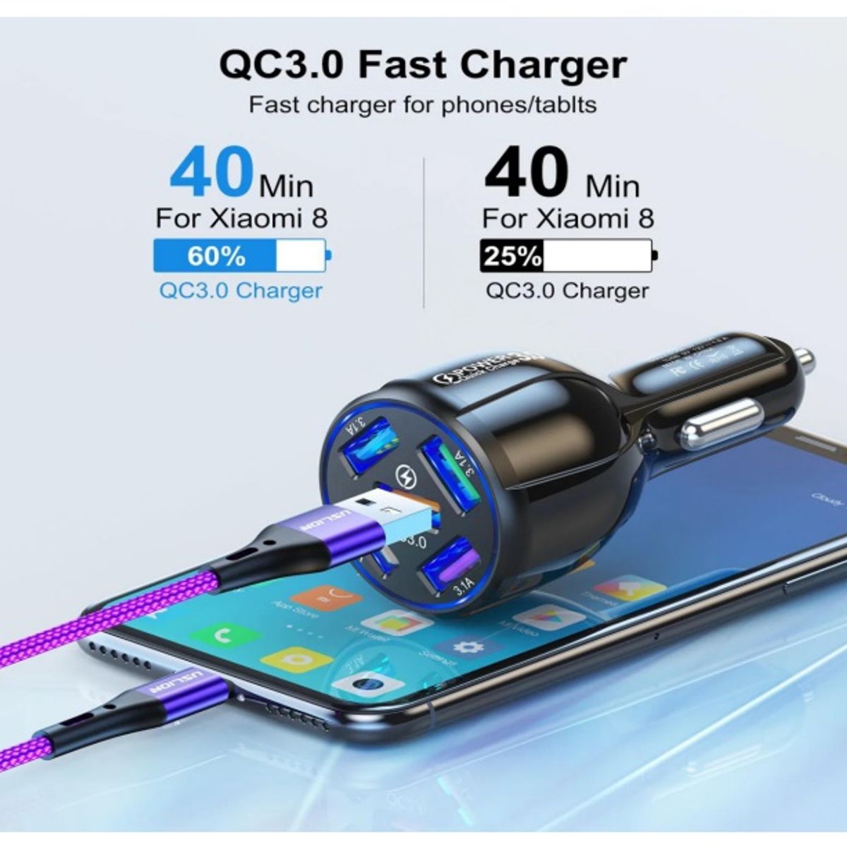 SMART - PACK CARGADOR DE AUTO 75W NEGRO 5 PUERTOS Y CABLE 4 EN 1  240W PREMIUM