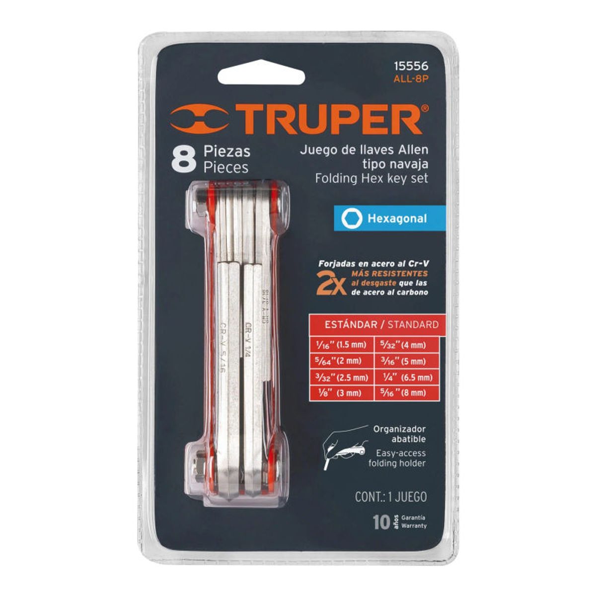 TRUPER - Juego de 8 llaves allen std tipo navaja cuerpo de lámina Truper - 15556