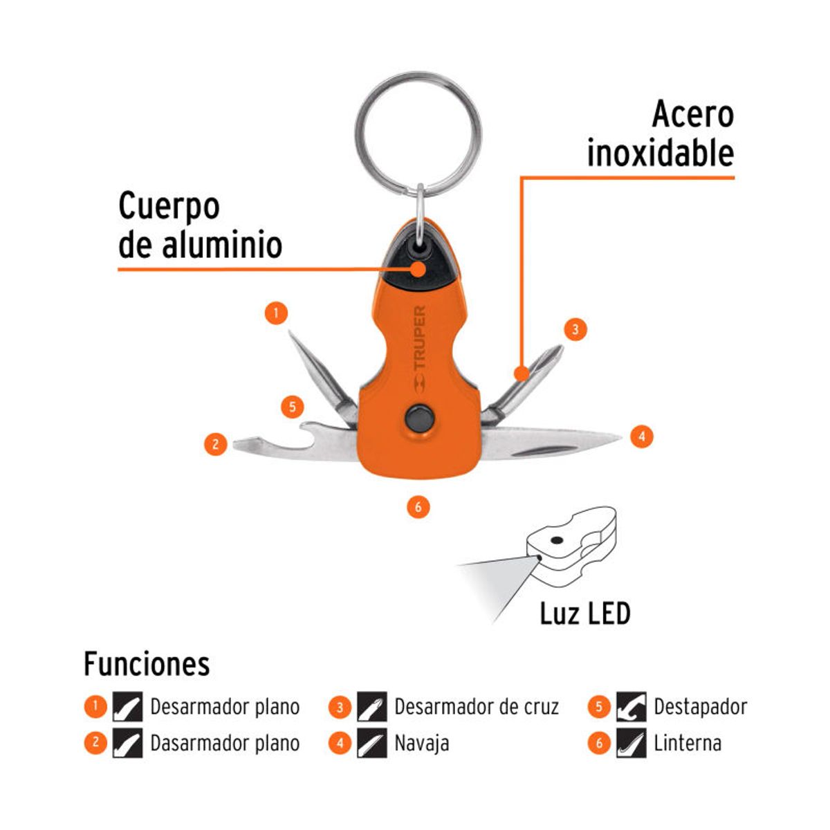 TRUPER - Multiherramienta con led tipo llavero 6 funciones Truper - 13336
