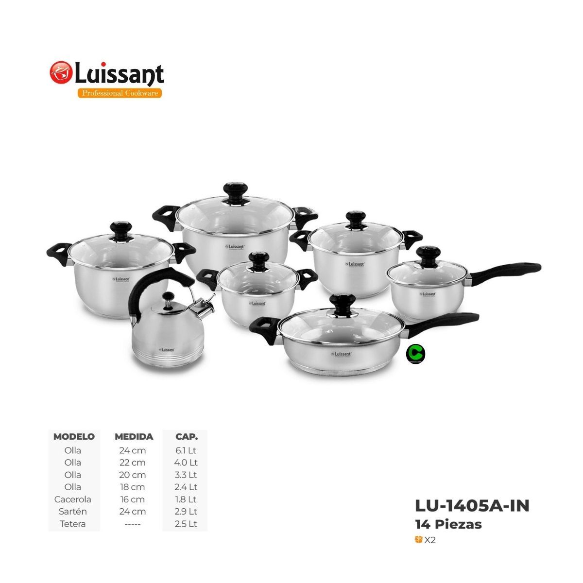 LUISSANT - Set de ollas LUISSANT Acero Inoxidable LU-1405A-IN 14 Piezas