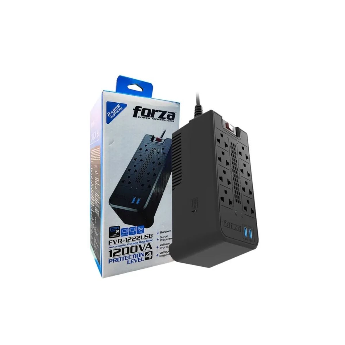 FORZA - ESTABILIZADOR FORZA 8 TOMAS 1200VA/600W C/2USB 220V NEGRO