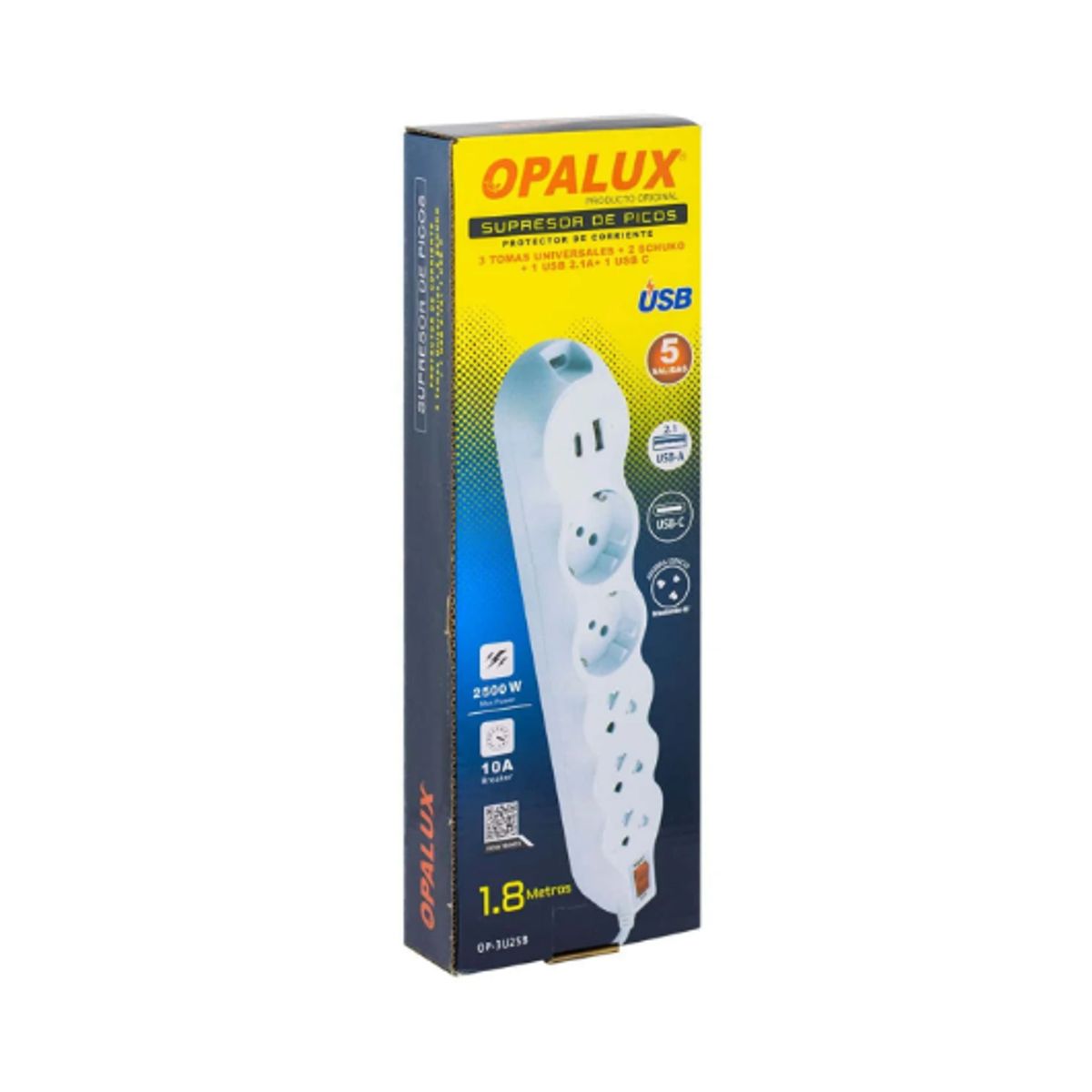 OPALUX - Supresor de pico 3 Tomas Universales + 2 Schuko + USB + TipoC OP-3U2SB
