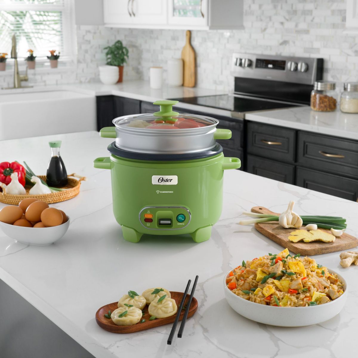 OSTER - Olla Arrocera Oster 1.8L 3 en 1 Función de Sofrito Vaporera Verde