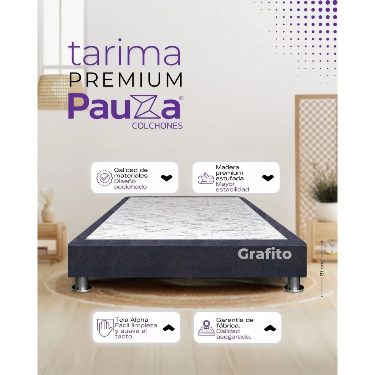 PAUZA - BASE BOX TARIMA PAUZA QUEEN GRAFITO