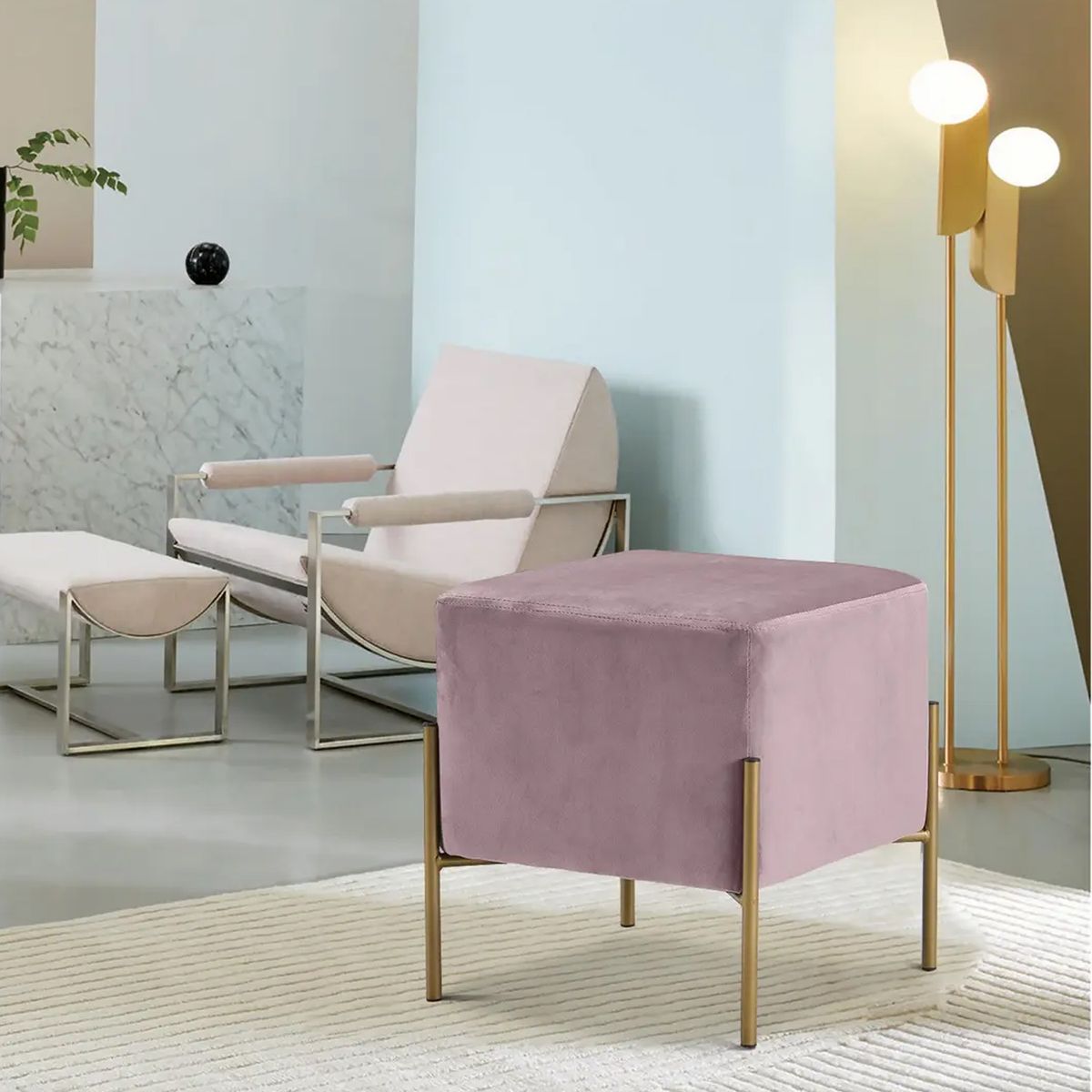 GENERICO - Puff Aurora Cuadrado con Base Metálica Palo Rosa