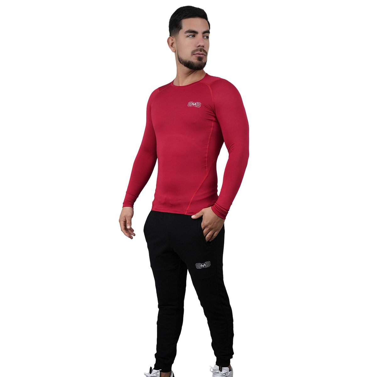 M MUSCLE MUSEUM - Polo Deportivo de Compresión Manga Larga Color Rojo Vino para Hombres
