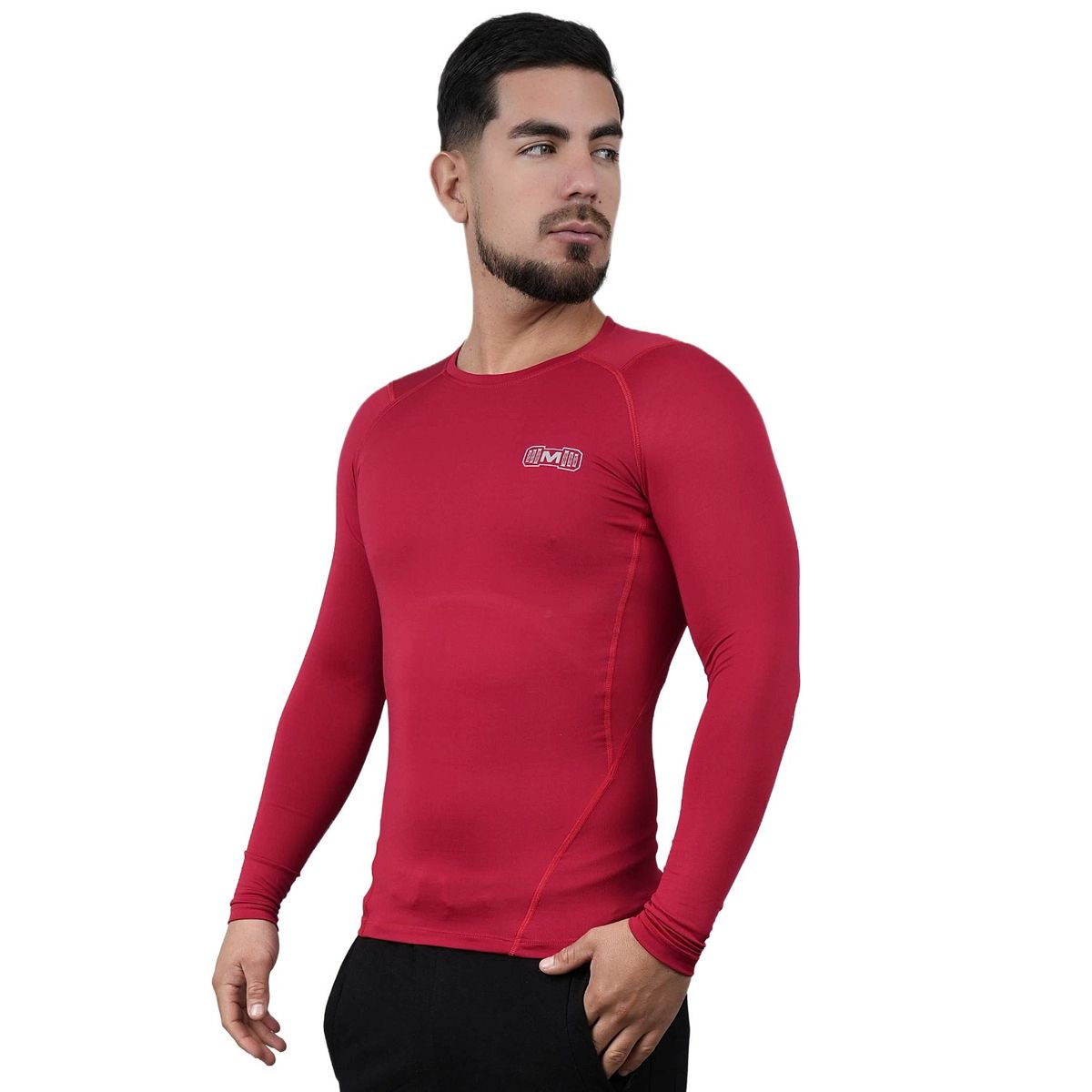 M MUSCLE MUSEUM - Polo Deportivo de Compresión Manga Larga Color Rojo Vino para Hombres