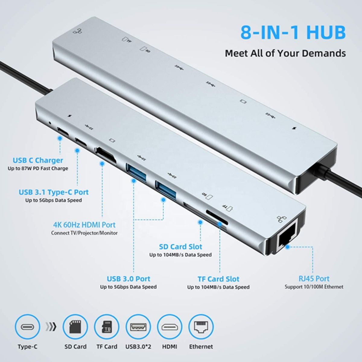 OEM - Hub Adaptador 8 En 1 Tipo C  HDMI /RJ45 /USB 3.0 /Tarjeta SD -TF/ 87W