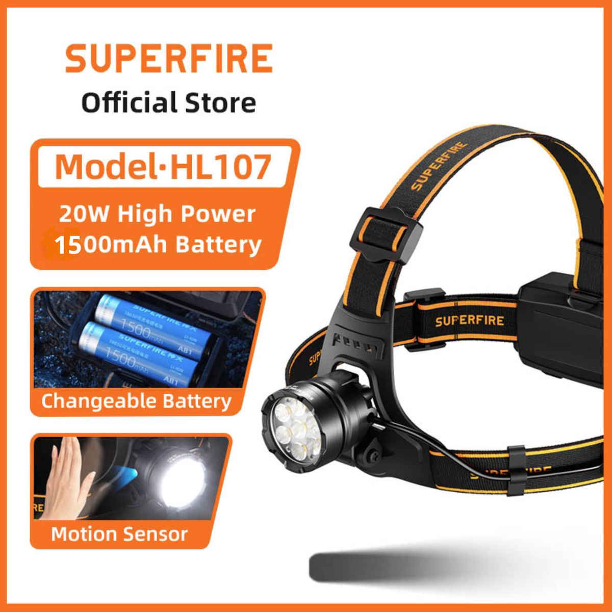 SUPER - Linterna Frontal Con Sensor Led Superfire Hl107 De 1500 Lúmenes