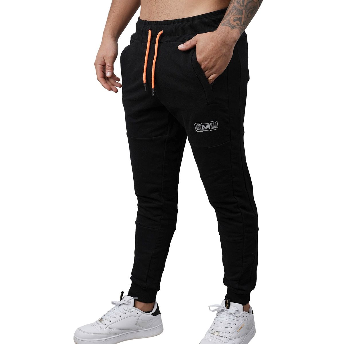 M MUSCLE MUSEUM - Jogger Deportivo Negro y Naranja Bolsillos con Cierre para Hombre
