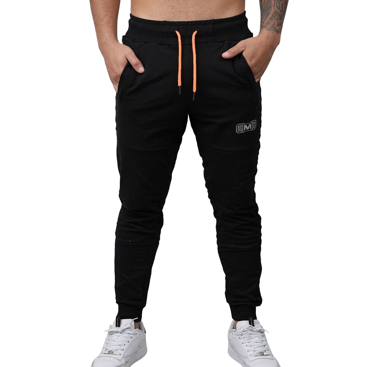 M MUSCLE MUSEUM - Jogger Deportivo Negro y Naranja Bolsillos con Cierre para Hombre