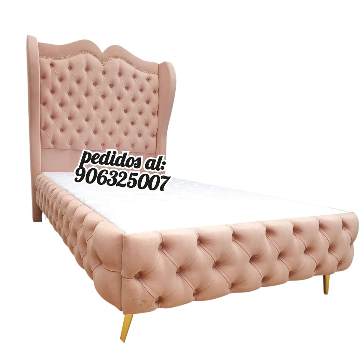 GENERICO - CAMA DALIA CAPITONNE – 2 PLAZAS  ROSA PASTEL BOX TARIMA Y CABECERA