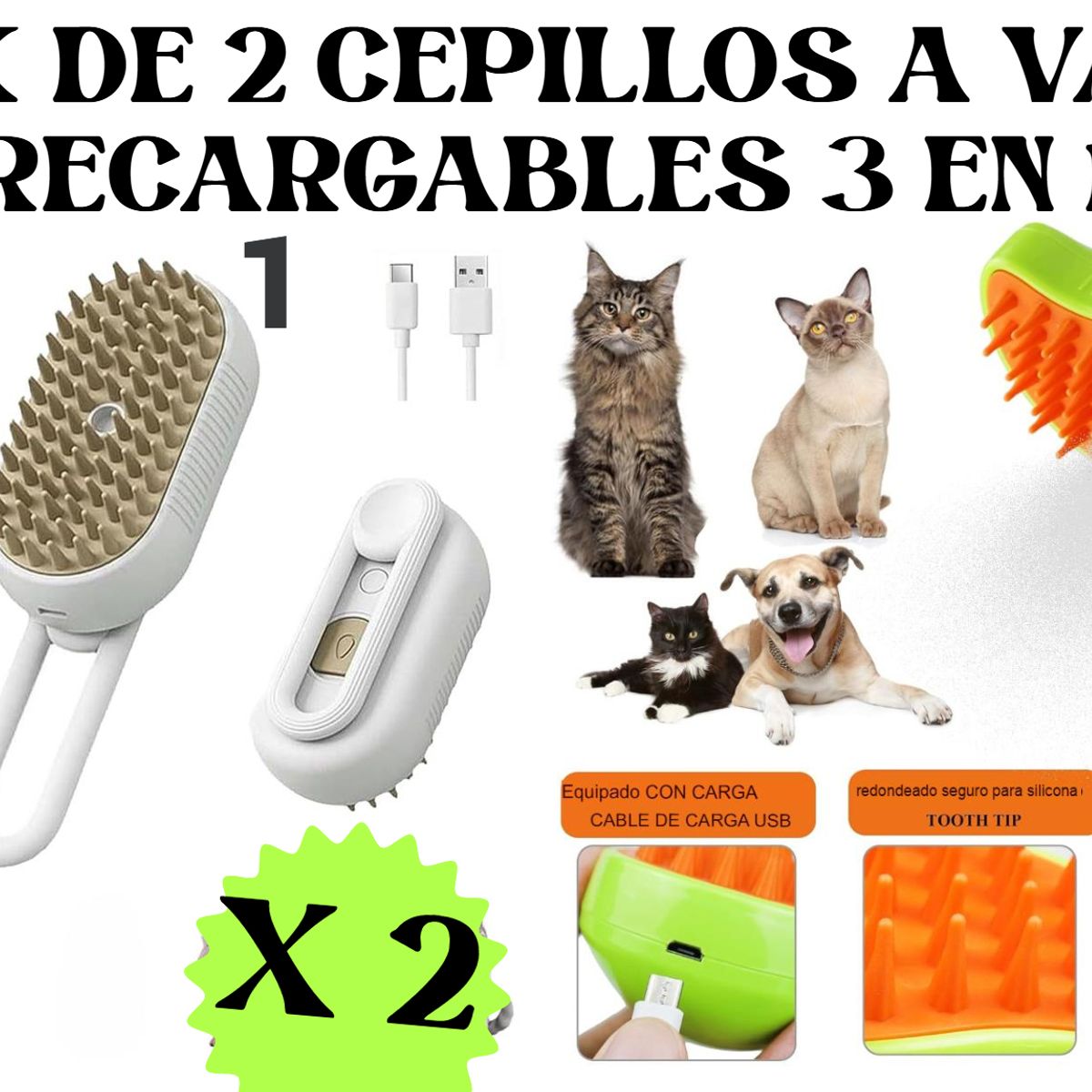 GENERICO - PACK 2 CEPILLOS PEINE QUITAPELUSA GATOS PERRO 3 EN 1 MASCOTA