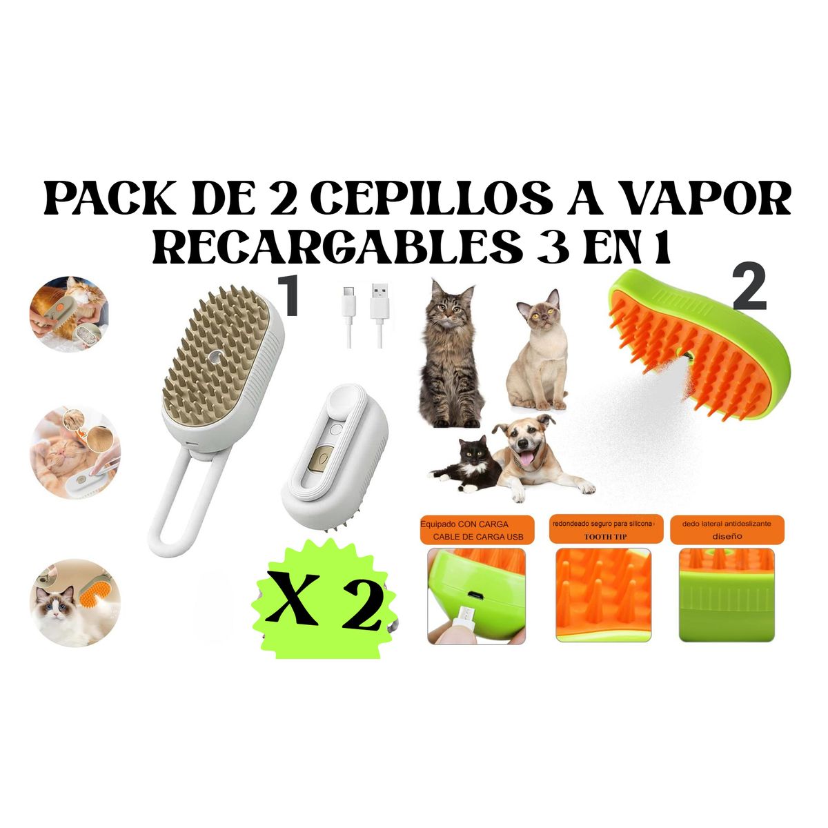 GENERICO - PACK 2 CEPILLOS PEINE QUITAPELUSA GATOS PERRO 3 EN 1 MASCOTA