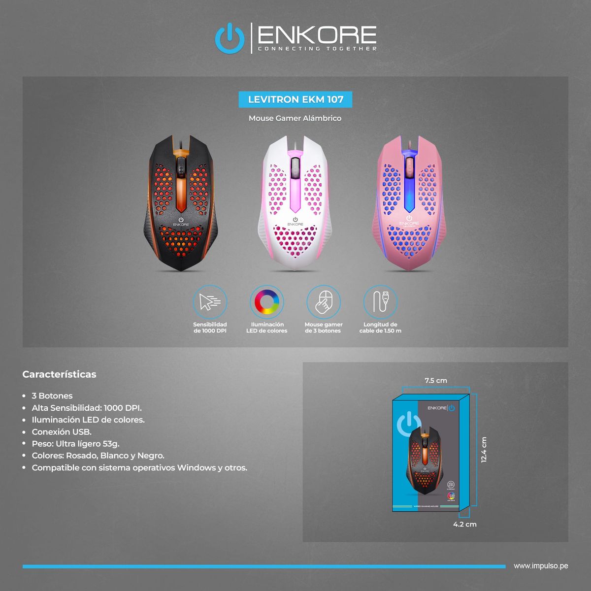 ENKORE - Mouse Gamer LED Alámbrico 1000DPI Blanco Enkore Levitron EKM 107W