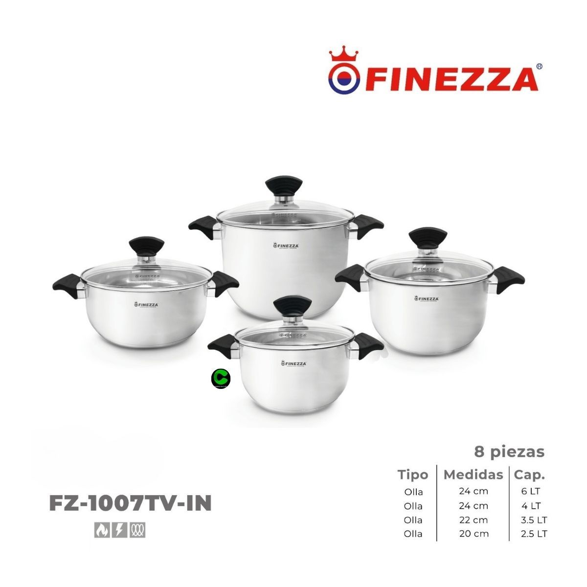 FINEZZA - Juego de ollas FINEZZA Acero Inoxidable FZ-1007TV-IN 8 Pzas