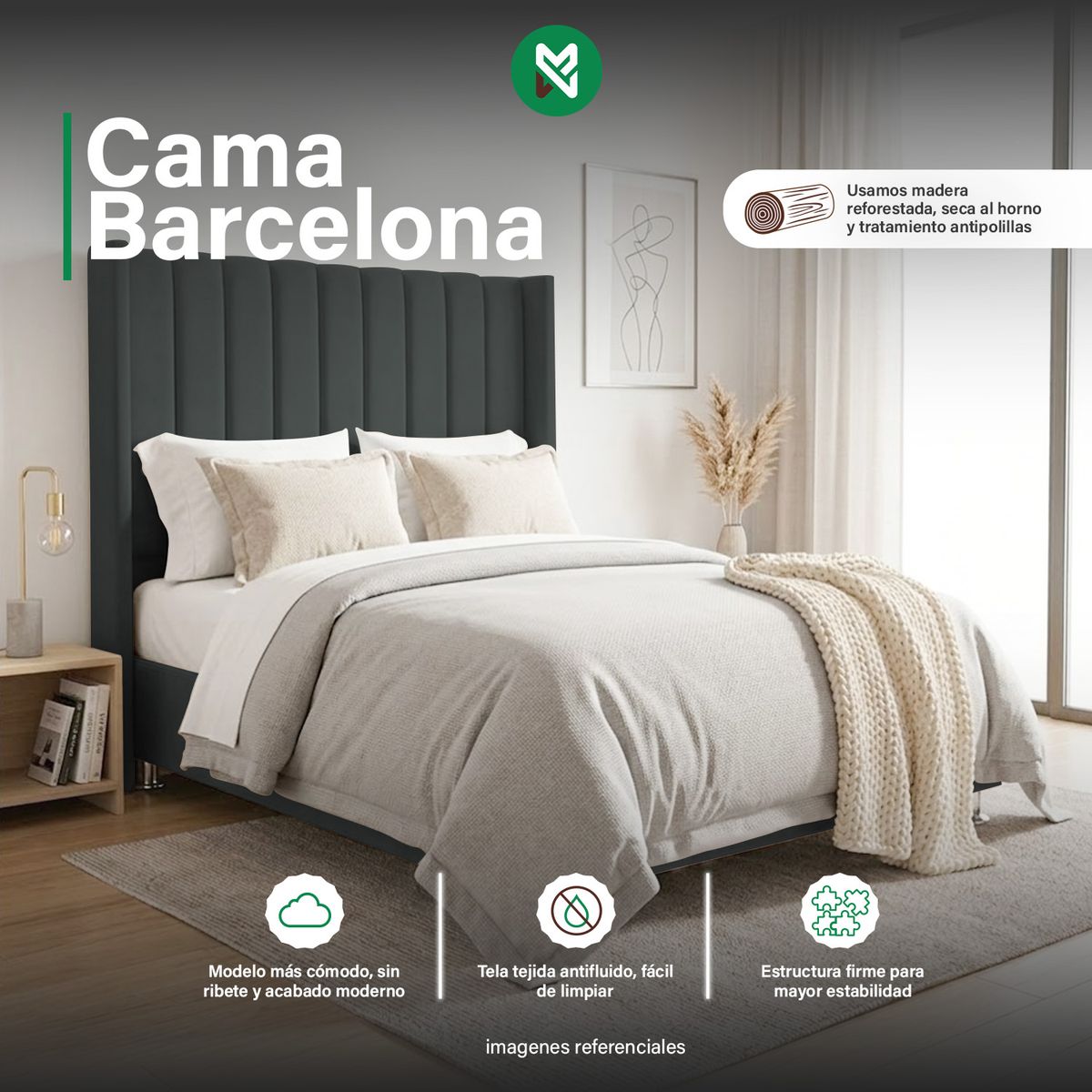 MUEBLES MACRUMO - Combo Cama tapizada Barcelona-Queen Gris oscuro+Colchón Semiortopédico