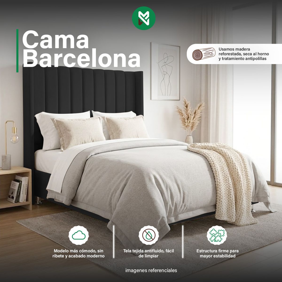 MUEBLES MACRUMO - Combo Cama tapizada Barcelona - Queen Negro + Colchón Semiortopédico