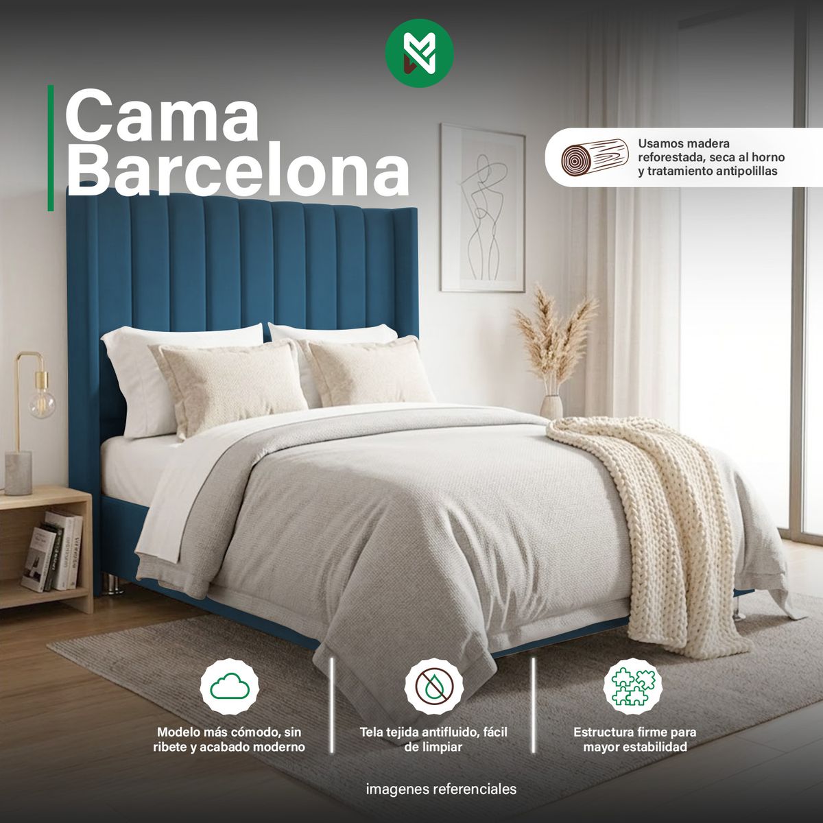 MUEBLES MACRUMO - Combo Cama tapizada Barcelona - Queen Turquesa +Colchón Semiortopédico