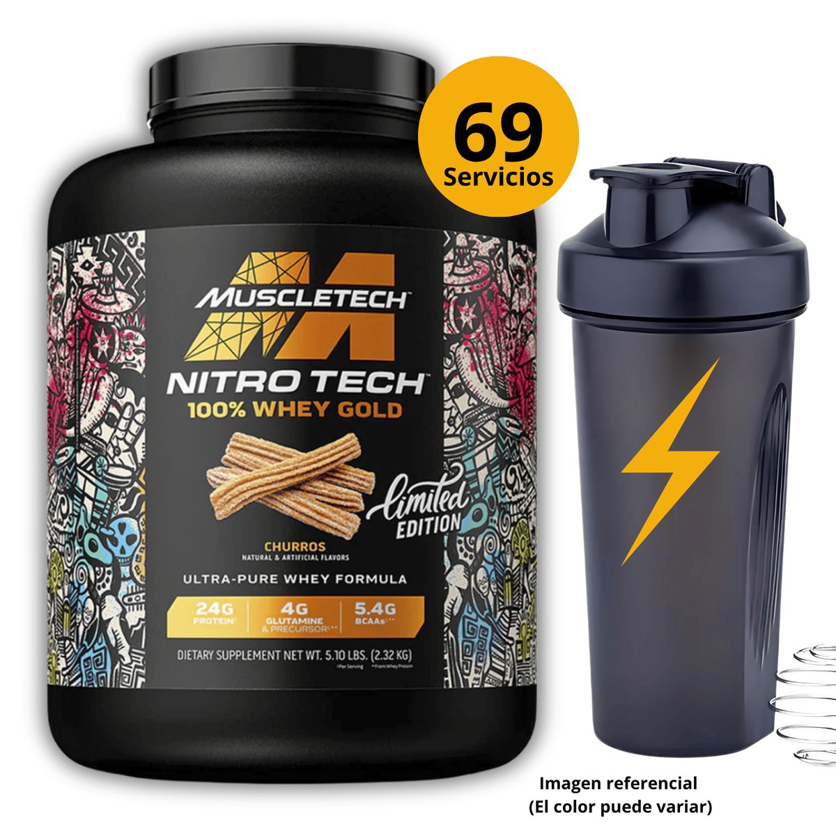 Muscletech - NITROTECH GOLD 5LB CHURRO + SHAKER - PROTEÍNA WHEY