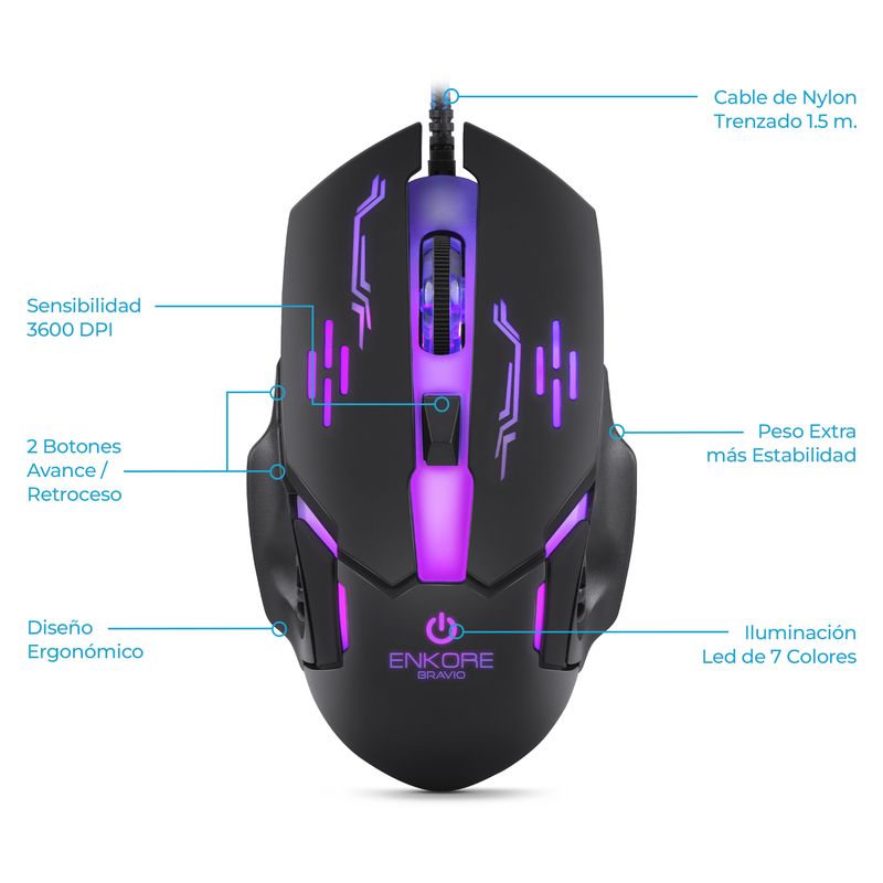 ENKORE - Mouse Gamer LED 6B 3600DPI Alámbrico Enkore Bravio EKM 313