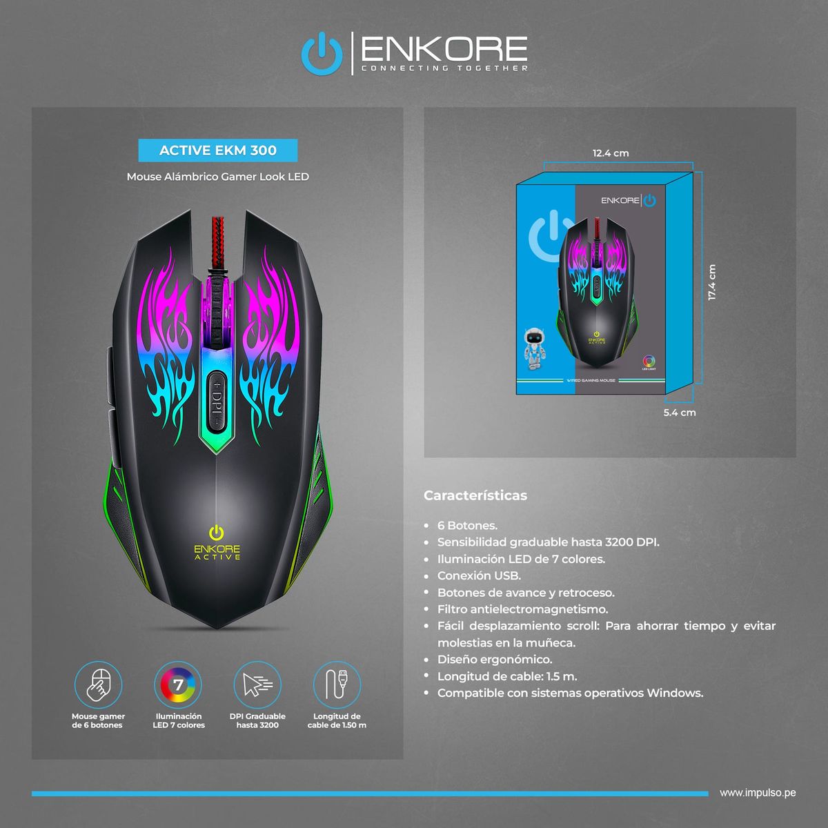 ENKORE - Mouse Gamer 7LEDS 6B 3200DPI Alámbrico Negro Enkore Active EKM 300