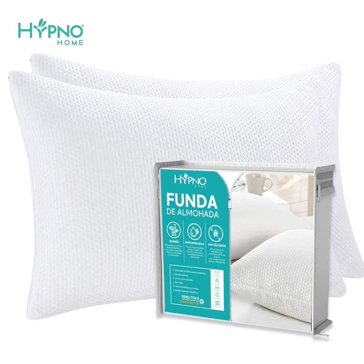 HYPNO HOME - Funda de Almohadas Impermeable 50x90cm De Bambú x2 Unids - Blanco
