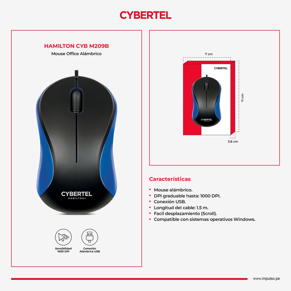 CYBERTEL - Mouse Oficina Alámbrico 1000DPI Azul Cybertel Hamilton CYB M209b