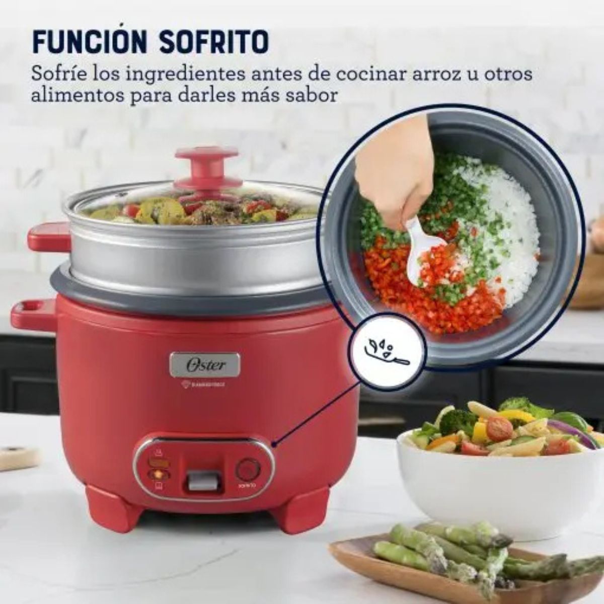 OSTER - Olla Arrocera Oster 1.8L 3 en 1 Función Sofrito y Vaporera Rojo