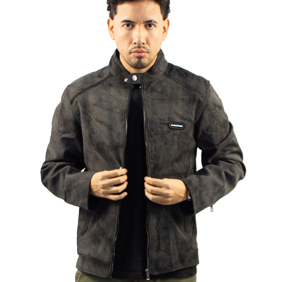 DM DEXMEN - Casaca Dexmen Cuero Gamuza Gris Oscuro