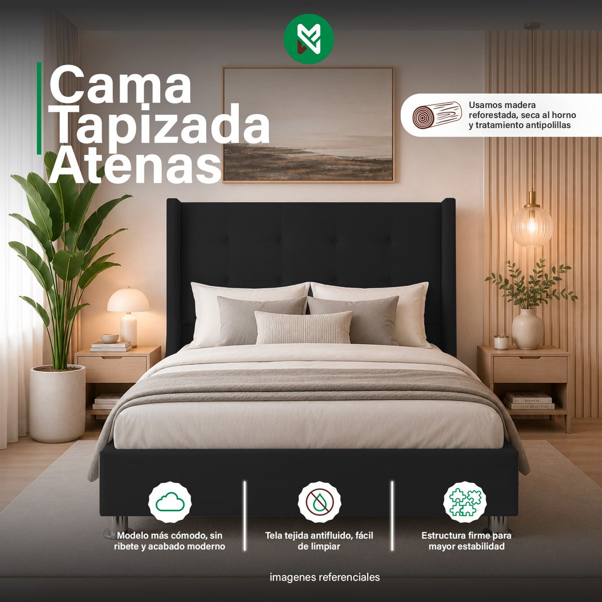 MUEBLES MACRUMO - Combo Cama tapizada Atenas - Queen - Negro + Colchón Semiortopédico