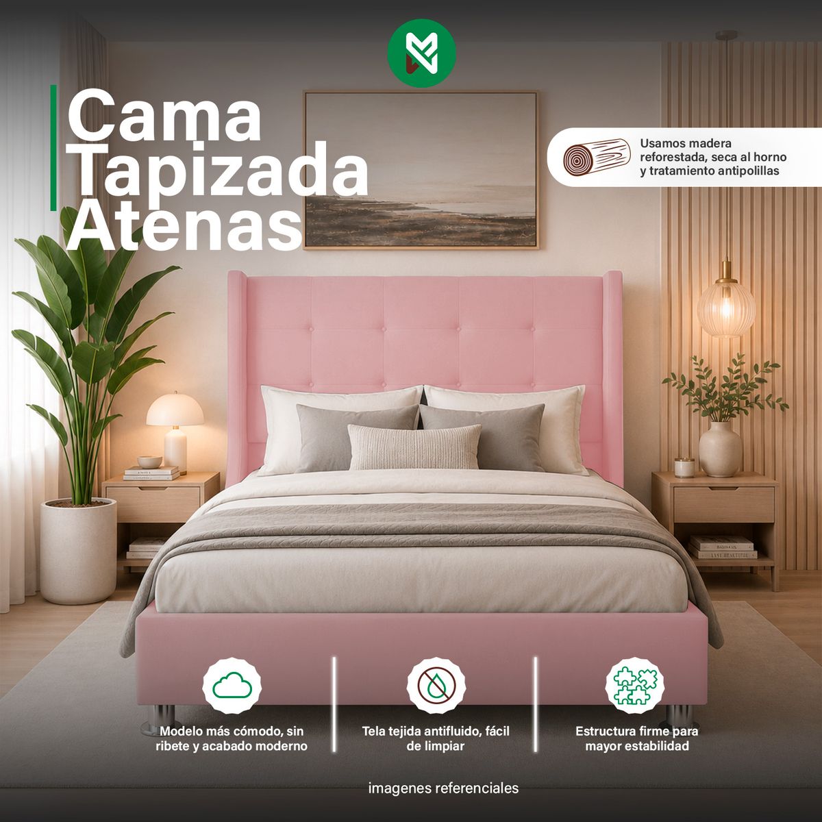 MUEBLES MACRUMO - Combo Cama tapizada Atenas - Queen - Rosado + Colchón Semiortopédico