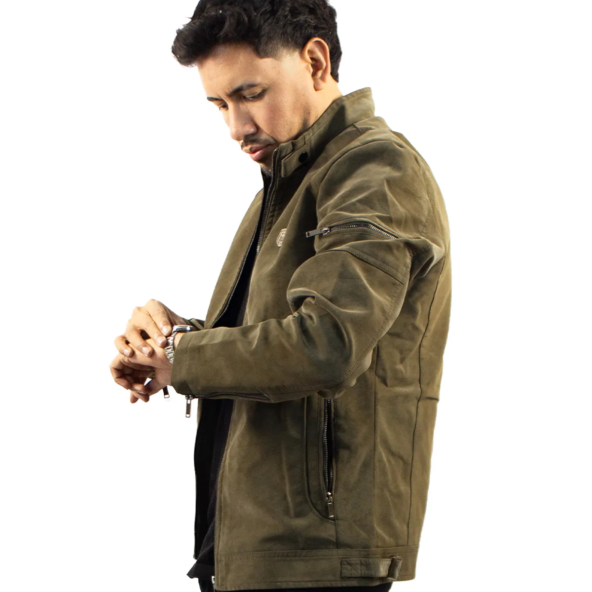 DM DEXMEN - Casaca Dexmen Cuero Gamuza Verde Musgo