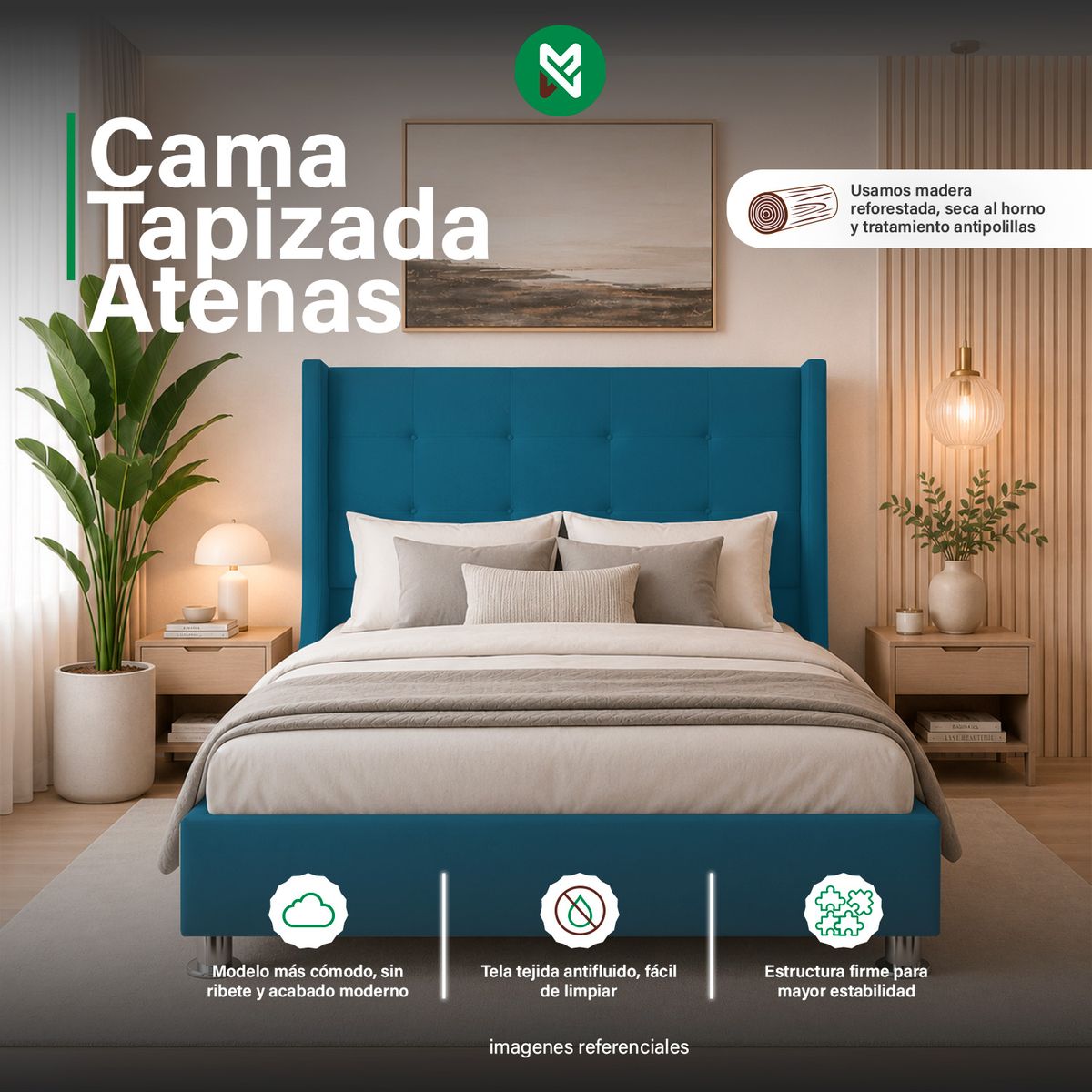 MUEBLES MACRUMO - Combo Cama tapizada Atenas - Queen - Turquesa + Colchón Semiortopédico