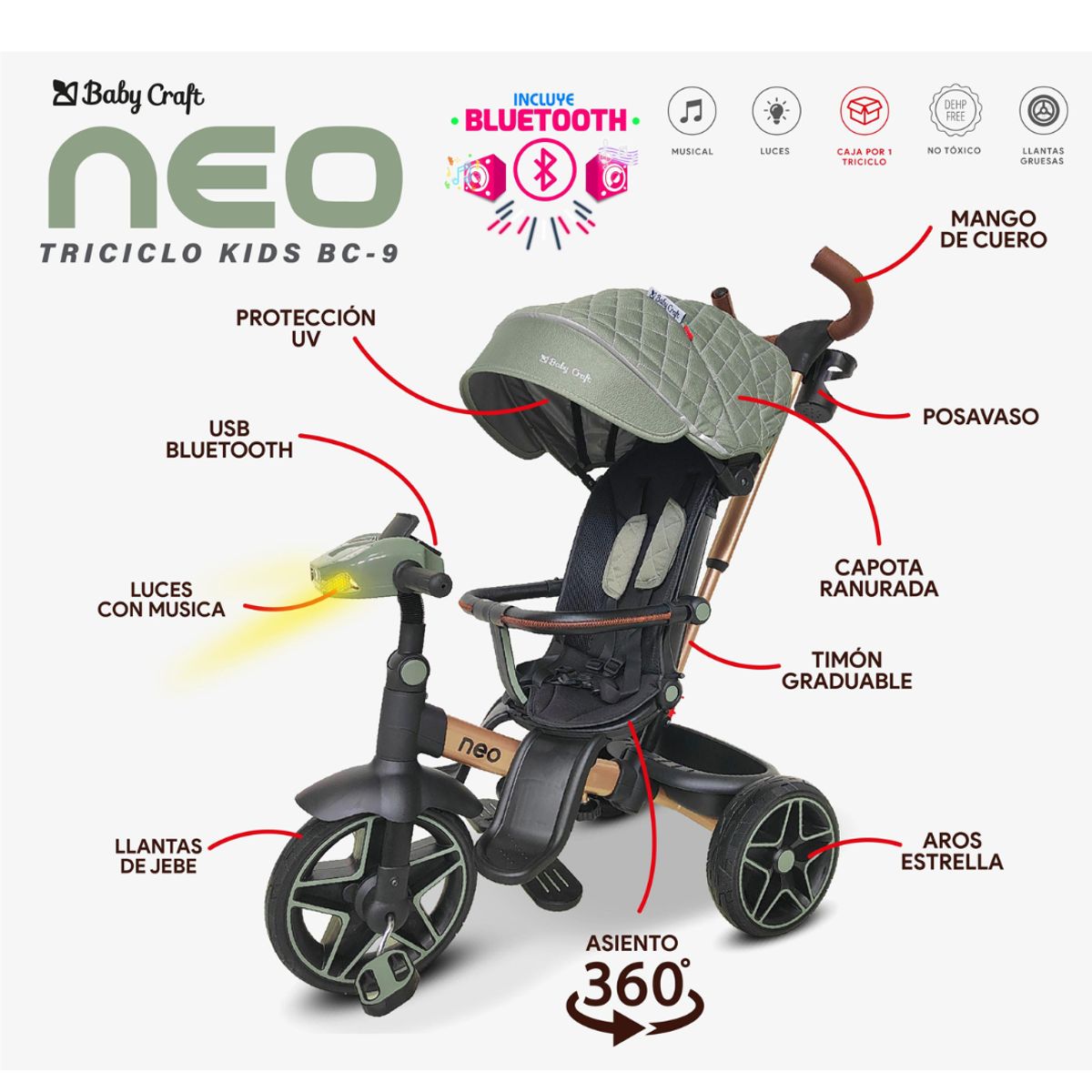 BABY HAPPY - Triciclo 360° Giratorio Musical Bluetooth -NEO- Negro