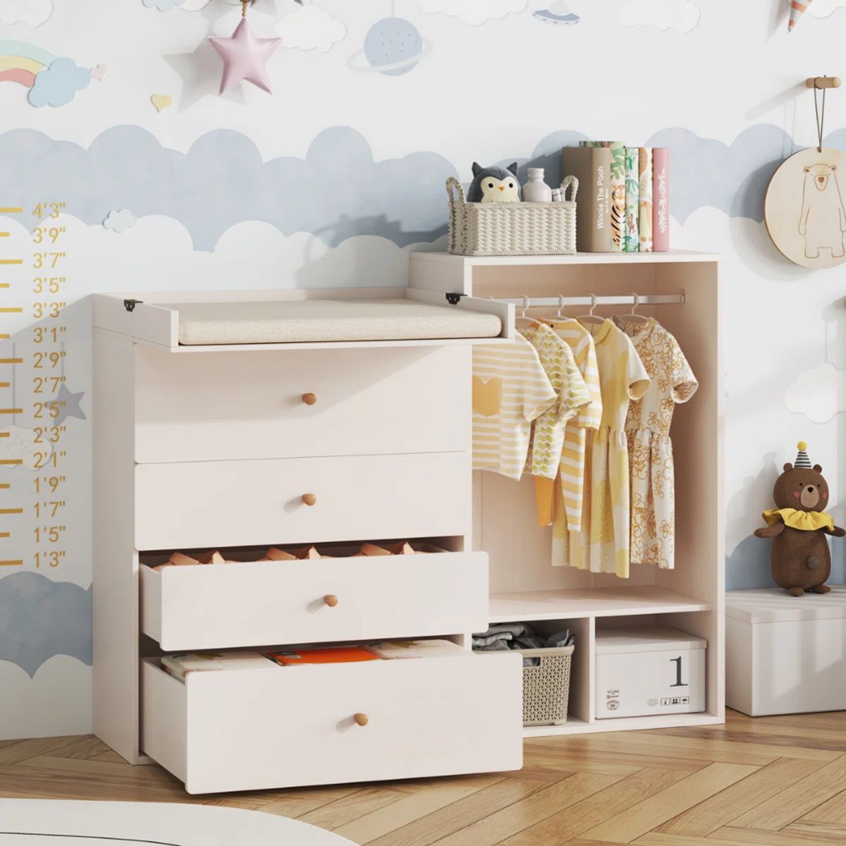 GENERATIONS - Comobo Comoda Cambiador de Bebe y Estante rack Cazmina Blanco Petrox Home