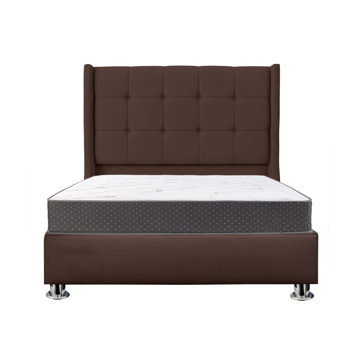 MUEBLES MACRUMO - Combo Cama tapizada Atenas - Queen Marrón + colchón semiortopédico
