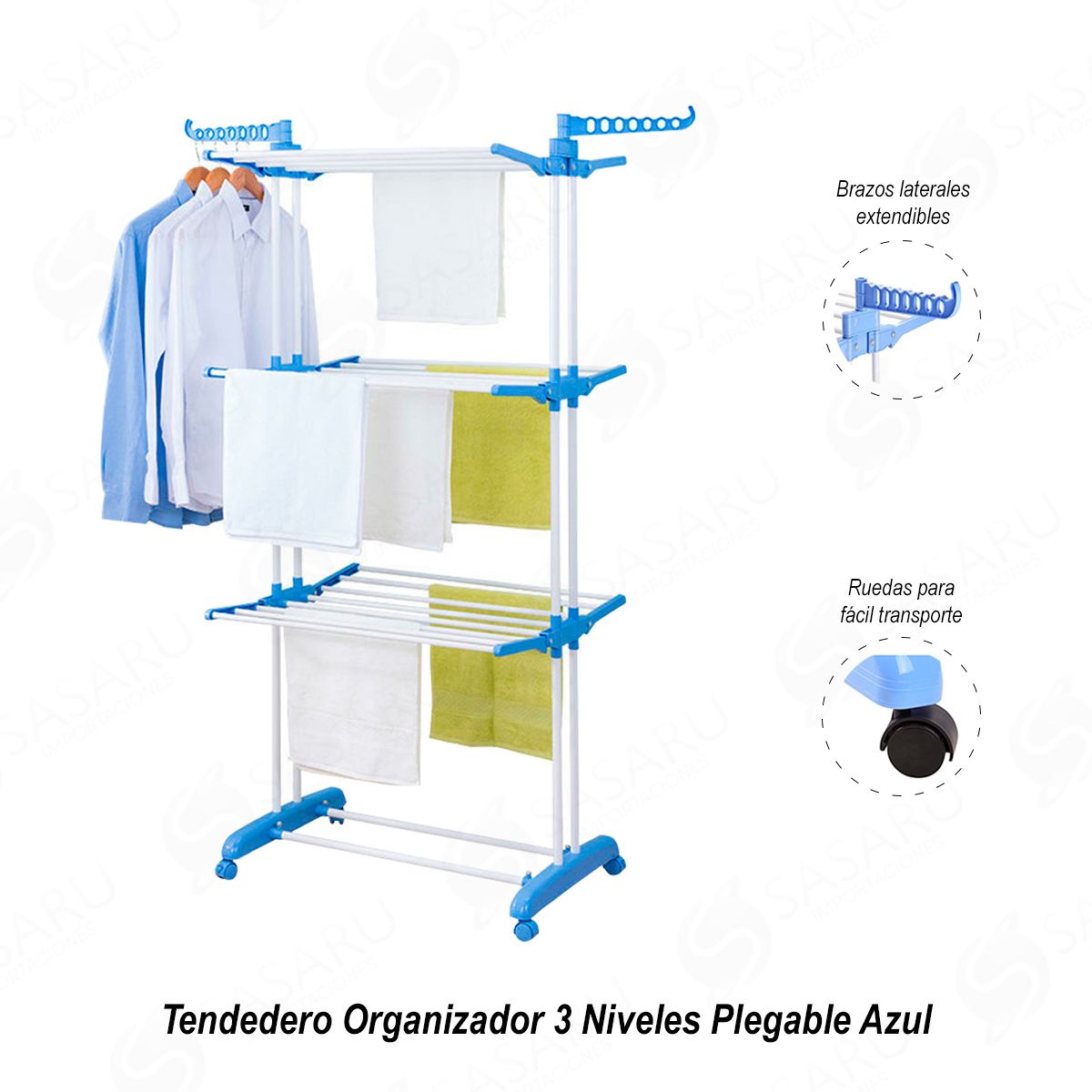 GENERICO - Tendedero Organizador 3 Niveles Plegable Azul