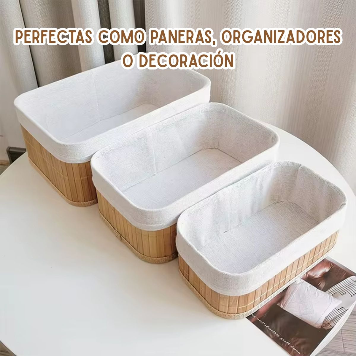 PENTHA - Canastilla Cesto Organizador de Bambú y Lino 3 Piezas