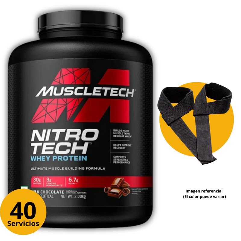 MUSCLETECH - NITROTECH PERFORMANCE 4LB CHOCOLATE + STRAPS - PROTEÍNA WHEY