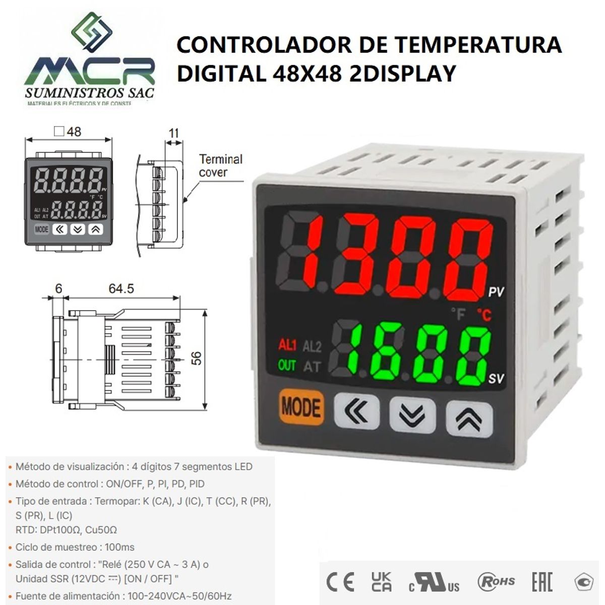 GENERICO - CONTROLADOR DE TEMPERATURA DIGITAL 2 DISPLAY 48X48mm